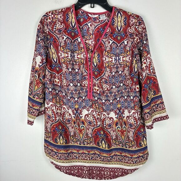 Womens Boho Peasant Blouse Popover 3/4 Sleeve Red Sz Small Colorful Hippie - Picture 1 of 6